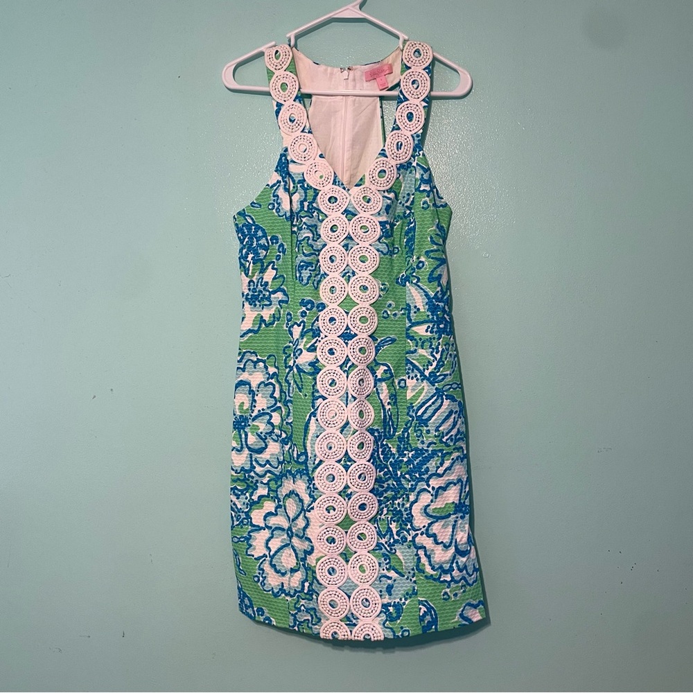 Lilly Pulitzer Blue and Green Dress with White Crochet Detail